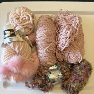 Lot Of Pink Hue Yarn Red Heart Chic Pom Poms Patons Silver Lash